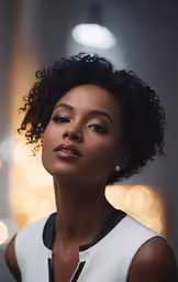 a woman with short hair looking into the distance