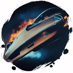 a car with flames burning in the background