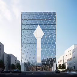 a large modern glass building that is next to a street