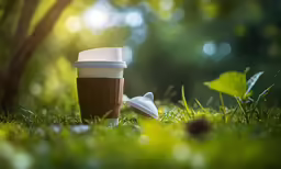 coffee cup next to spoon sitting on grass