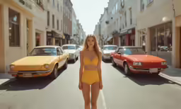 the girl is walking on the street with three cars