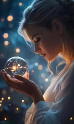woman holding crystal ball with glowing light boke in background