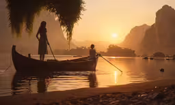 two people are standing on a small boat while it is docked,a woman on a boat in the water at sunset