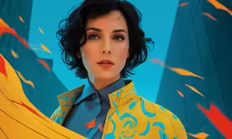 a woman in a suit and tie standing in front of a painting