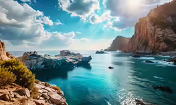 a bright blue water that is below some rocks