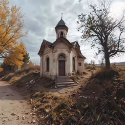 an old church surrounded by barren, autumn leaves