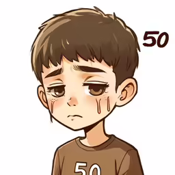a young boy with an eye patch on his face and the numbers fifty