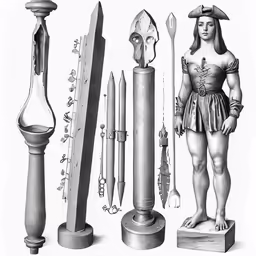several ancient objects and a female figure