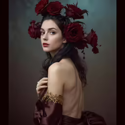 there is a woman with flowers on her head