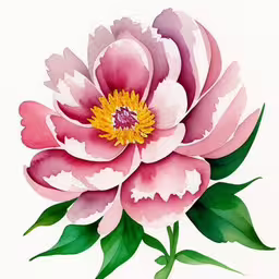 a painting of a pink flower with green leaves,a watercolor painting of a pink flower with leaves