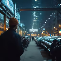 a man walking down the street in front of parked cars