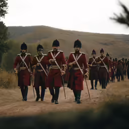 a line of men in uniforms and sword sticks walk on the ground