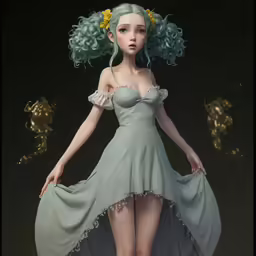 a woman dressed up in a dress with flower in hair