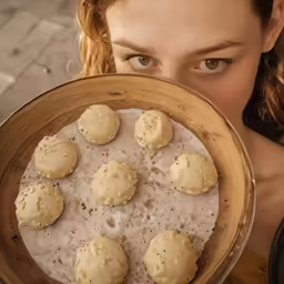 the young girl holds a metal bowl with cookies