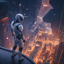 a scene of a futuristic city, featuring the image of a man in a space suit looking down from high above