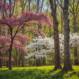 two trees in the middle of a grassy field near pink flowers