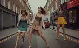 three women walk down the road in front of stores
