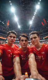 three men in red shirts standing next to each other