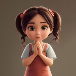 a young girl with big eyes and a bun on her head, holding her hands together to pray