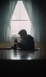 a man sitting at the table looking down while holding his hands together