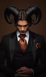 a man in a suit and horns with his hands crossed
