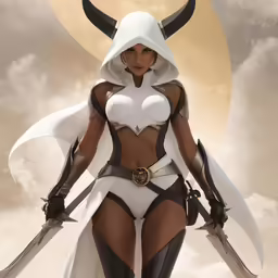 a sexy women dressed in white is holding sword and knife