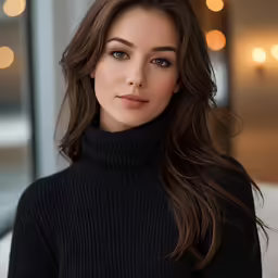 a woman wearing a black turtle neck sweater and posing for the camera