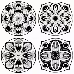 three circular designs that are used to create this art project,four black and white abstract designs on the surface