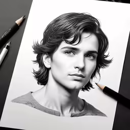 pencil drawing of the face of a young man with hair and makeup
