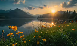 sun shining down over a forest and a lake