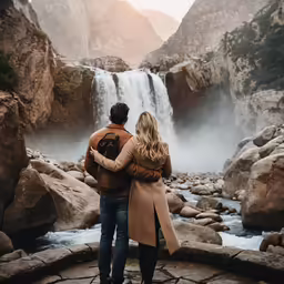 two people look at a waterfall, and a dog