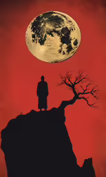 the man looks up at the moon at the red sky