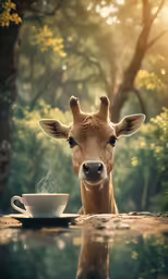 a deer with a tiny cup of coffee and the sunlight shining