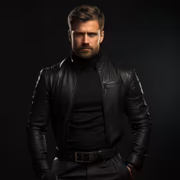 a man in a black leather jacket and leather pants,a man with his hands on his hips