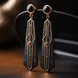 the golden earrings with red crystal stones on top are shown