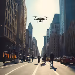 a large airplane flying over a crowded city street