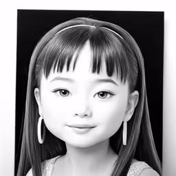 a black and white photo of a girl with long hair