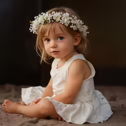 a little girl sitting on top of sand in a dress