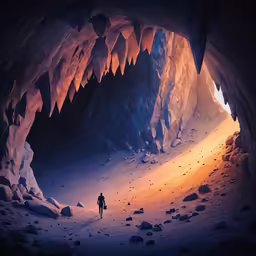 a person is walking in front of a large cave