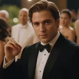 man in tuxedo holding up a cigarette at an event