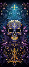 a drawing of a skull with wings and the colors in the background,a skeleton with intricate wings and a large eye