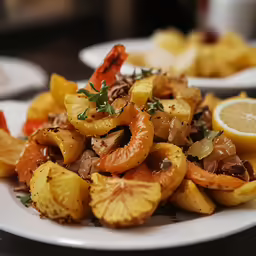 a plate of food with shrimp and potatoes