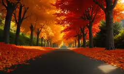 a road that is lined with red leaves