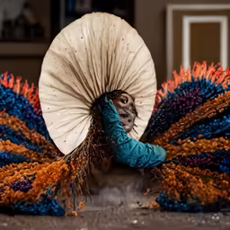 a woman with a large umbrella covered by feathers