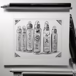 a drawing of five bottles of perfume