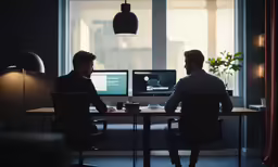 two people working on computers at a desk in front of a large window