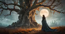 woman in a dress standing by a tree at night