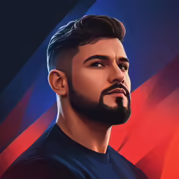 a man wearing a beard with red and blue geometric background