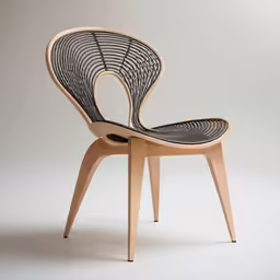 a chair with a wooden frame and black seat