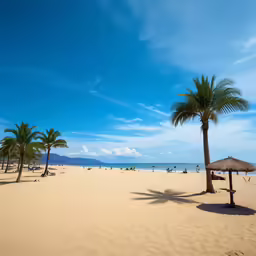 the palm trees line the beach as people are relaxing in the water